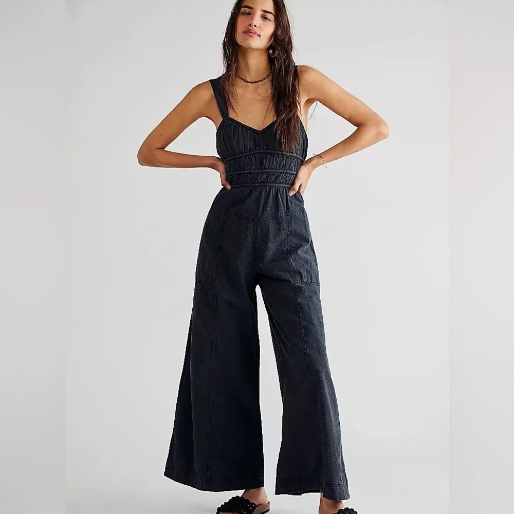 FREE PEOPLE Black After All Ruched Wide Leg Jumpsuit L